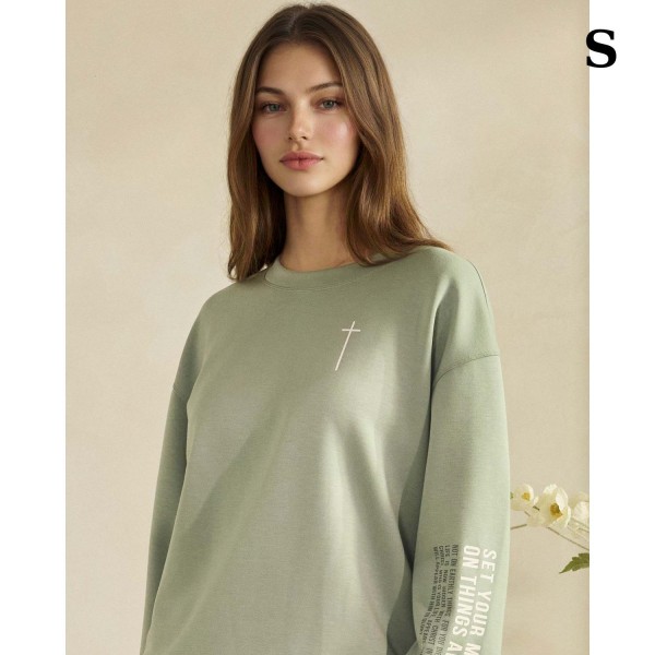 "Set Your Minds On Things Above" Ultra Comfy Pullover Sweatshirt

- Crew Neck 
- Dropped Shoulder For A Relaxed Silhouette
- Full-Length Sleeves With Cuff Bands
- Eye-Catching Graphic To Elevate Your Outfit
- 45% Rayon 47% Polyester 8% Spandex