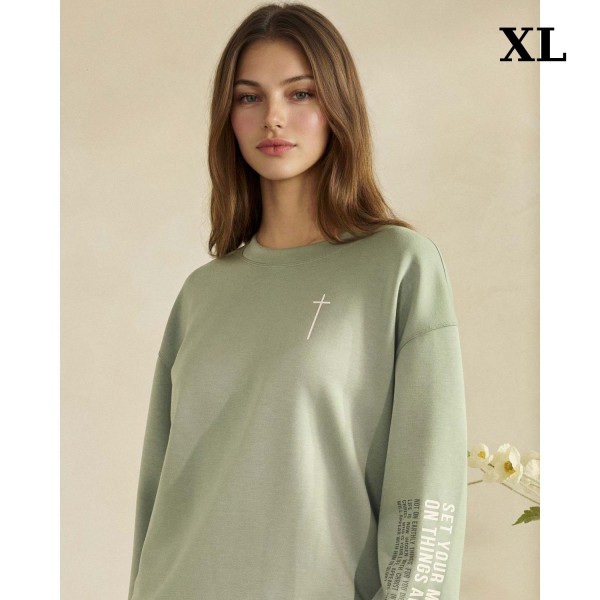 "Set Your Minds On Things Above" Ultra Comfy Pullover Sweatshirt

- Crew Neck 
- Dropped Shoulder For A Relaxed Silhouette
- Full-Length Sleeves With Cuff Bands
- Eye-Catching Graphic To Elevate Your Outfit
- 45% Rayon 47% Polyester 8% Spandex
