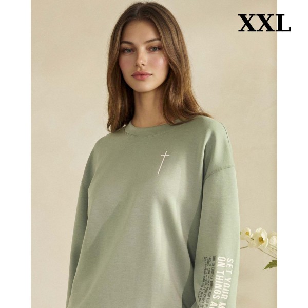 "Set Your Minds On Things Above" Ultra Comfy Pullover Sweatshirt

- Crew Neck 
- Dropped Shoulder For A Relaxed Silhouette
- Full-Length Sleeves With Cuff Bands
- Eye-Catching Graphic To Elevate Your Outfit
- 45% Rayon 47% Polyester 8% Spandex