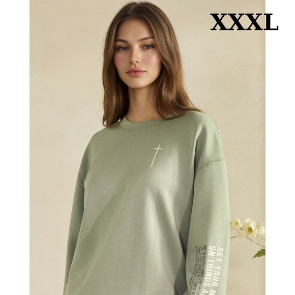 "Set Your Minds On Things Above" Ultra Comfy Pullover Sweatshirt

- Crew Neck 
- Dropped Shoulder For A Relaxed Silhouette
- Full-Length Sleeves With Cuff Bands
- Eye-Catching Graphic To Elevate Your Outfit
- 45% Rayon 47% Polyester 8% Spandex