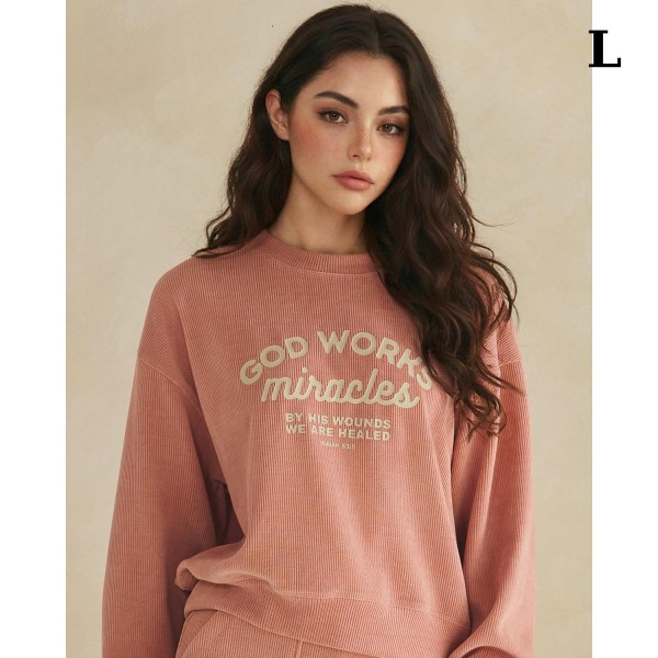 "God Works Miracles" Corduroy Graphic Sweatshirt 

- Crewneck 
- Dropped shoulder for relaxed fit 
- Cuff arm bands for polished look 
- Eye- catching graphic to elevate your outfit 
- 98% Polyester 2% Spandex 

** Matching pants- 7326485