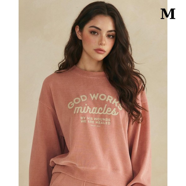 "God Works Miracles" Corduroy Graphic Sweatshirt 

- Crewneck 
- Dropped shoulder for relaxed fit 
- Cuff arm bands for polished look 
- Eye- catching graphic to elevate your outfit 
- 98% Polyester 2% Spandex 

** Matching pants- 7326485
