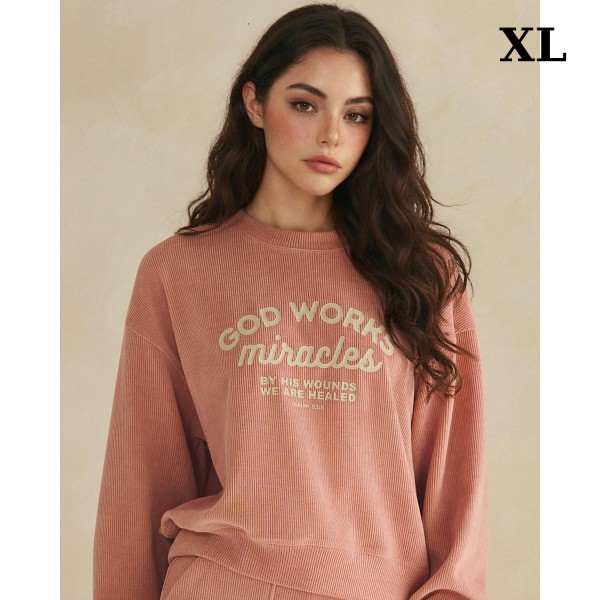 "God Works Miracles" Corduroy Graphic Sweatshirt 

- Crewneck 
- Dropped shoulder for relaxed fit 
- Cuff arm bands for polished look 
- Eye- catching graphic to elevate your outfit 
- 98% Polyester 2% Spandex 

** Matching pants- 7326485