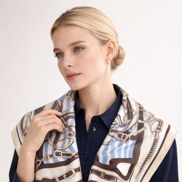Equestrian Print Silky Square Scarf featuring classic horse bit and buckle motifs over a crisp stripe background for a timeless, preppy look. The smooth satin feel drapes beautifully around the neck, over the shoulders, tied to a handbag, or worn as a headscarf. A polished finishing touch for work outfits, brunch, travel days, and horse country weekends. Heritage inspired scarves are a year round boutique favorite that sell well on their own or paired with blazers and knits.