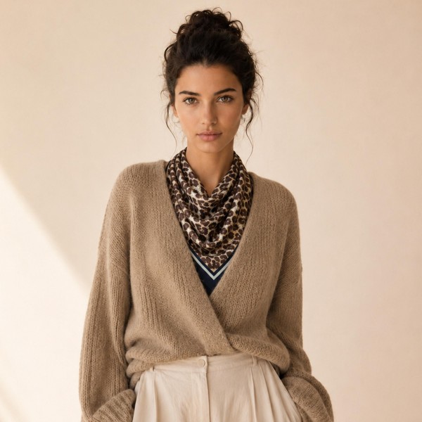 Animal print bandana scarf in a lightweight woven fabric with a fluid drape. The square knots at the neck, ties into a headband, or wraps a bag handle for a quick style update. A neutral spotted repeat keeps it easy to pair with denim, knits, and outerwear. Animal print scarves are a dependable turn at an impulse price point.