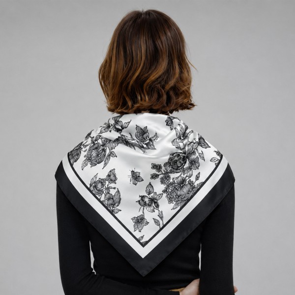 Rose print square scarf with a bordered edge and a soft lightweight drape. Big enough to wear as a neckerchief, a hair wrap, or a shoulder square, and it folds down small enough to live in a handbag. The botanical repeat gives a classic look that pairs with almost anything on the rack. A reliable print scarf that sells through season after season.