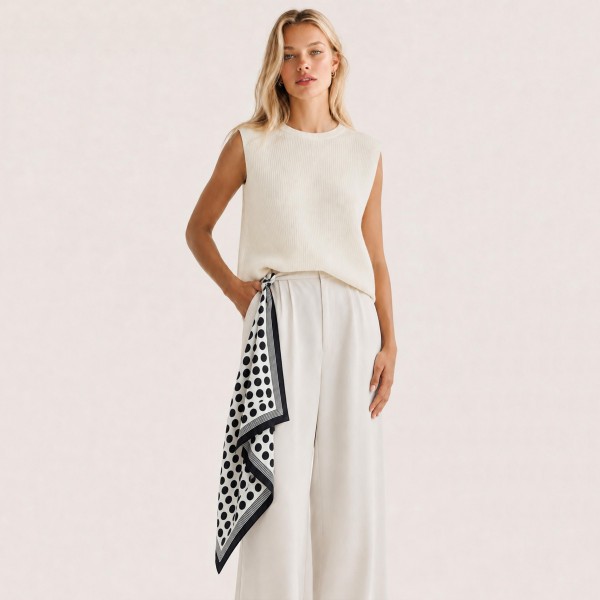 Polka dot and check print square scarf in a smooth lightweight woven fabric with a fluid drape. Long enough to knot at the neck, loop through a bag handle, or tie at the waist as a sash. The graphic repeat reads clean and modern against solid basics. An easy impulse buy that helps shoppers finish an outfit right at the register.