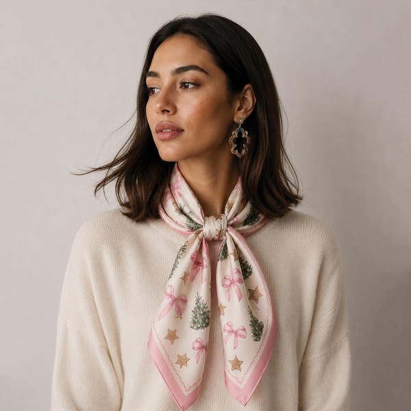 Floral print bandana scarf with a bordered square layout and a lightweight woven hand. Tie it at the neck, thread it through a belt loop, or knot it onto a handbag for an instant outfit refresh. The soft finish drapes without bulk, so it works from early fall into spring. Printed scarves like this one turn quickly on a checkout display.
