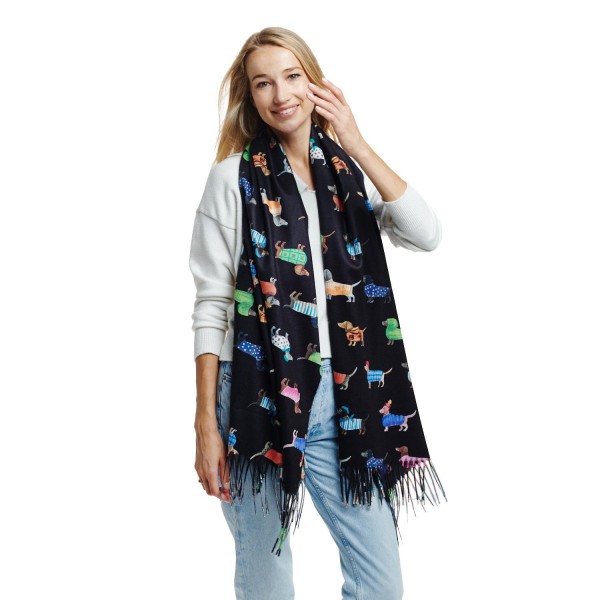 Soft Knit Dachshund Print Scarf With Fringe 

- 100% Polyester
- Approximately 84" L x 16" W