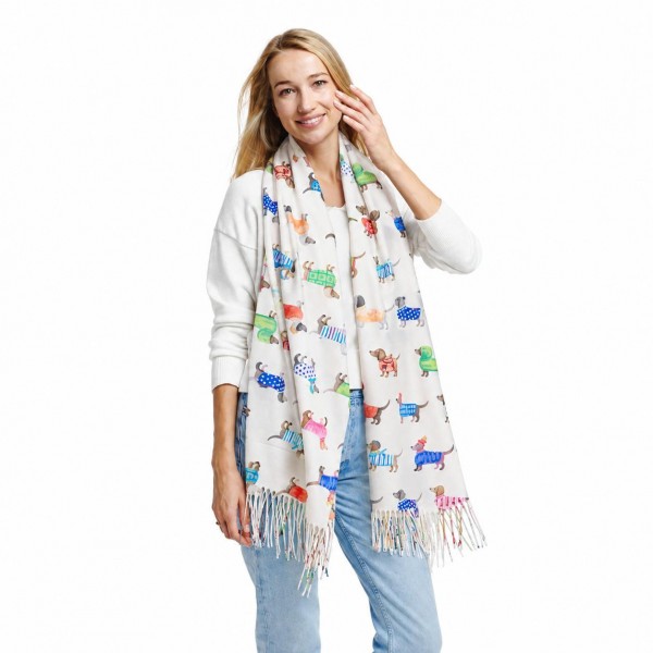 Soft Knit Dachshund Print Scarf With Fringe 

- 100% Polyester
- Approximately 84" L x 16" W