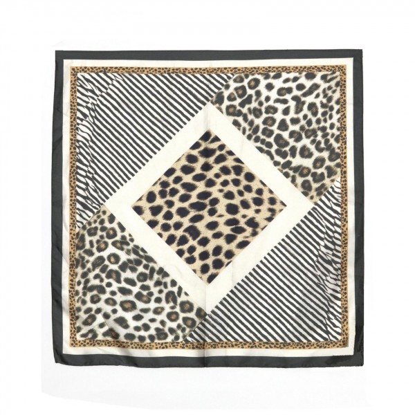 Leopard Print Bandana Scarf, a 27.5 inch square of silky 100% polyester that frames a leopard print center with bold stripe panels and a decorative border. Knot it at the neck, wear it as a headscarf, or tie it around a bag handle for a polished finish. Animal print is a fall staple, and this mixed print square gives customers a fresh way to wear the trend. An easy impulse buy that dresses up sweaters, tees, and jackets in seconds.
