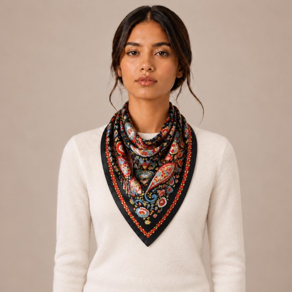 Paisley Print Square Scarf in silky 100% polyester, a generous 35.4 inch square with an intricate paisley design framed by a printed border. The larger size makes it easy to drape over the shoulders, knot at the neck, tie as a headscarf, or wrap around a handbag handle. A classic print that pairs with sweaters, blazers, and denim all season long. Customers love a versatile square scarf at an easy price, making this a reliable add on at the register.