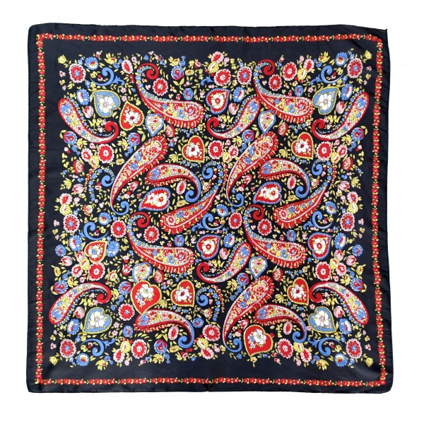 Paisley Print Square Scarf in silky 100% polyester, a generous 35.4 inch square with an intricate paisley design framed by a printed border. The larger size makes it easy to drape over the shoulders, knot at the neck, tie as a headscarf, or wrap around a handbag handle. A classic print that pairs with sweaters, blazers, and denim all season long. Customers love a versatile square scarf at an easy price, making this a reliable add on at the register.