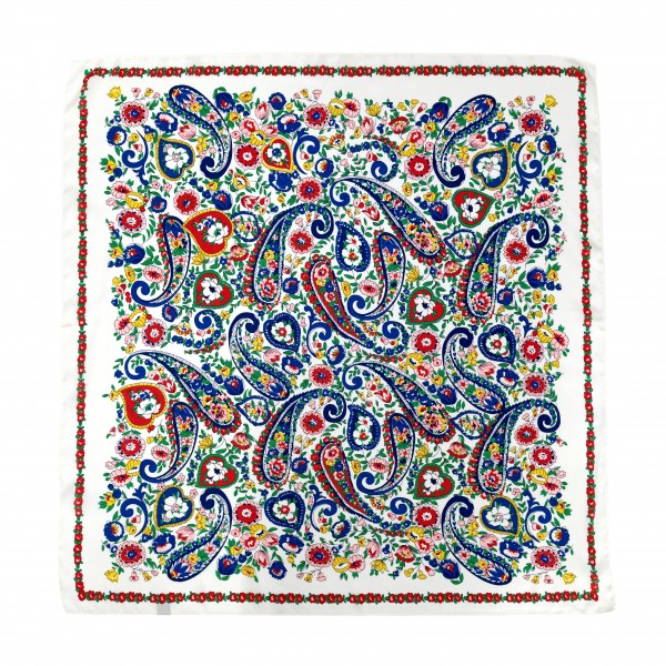 Paisley Print Square Scarf in silky 100% polyester, a generous 35.4 inch square with an intricate paisley design framed by a printed border. The larger size makes it easy to drape over the shoulders, knot at the neck, tie as a headscarf, or wrap around a handbag handle. A classic print that pairs with sweaters, blazers, and denim all season long. Customers love a versatile square scarf at an easy price, making this a reliable add on at the register.