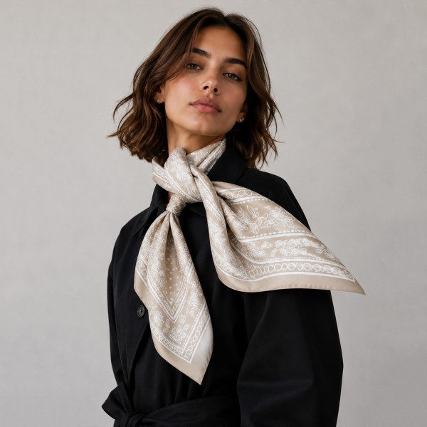 Bandana Print Square Scarf in silky 100% polyester, sized at a generous 35.4 inches square. A classic bandana layout with tiny dots, floral vines, and a decorative border gives it a relaxed, easygoing feel. Wear it knotted at the neck, tied around the waist, draped over the shoulders, or styled in the hair. An easy layering piece for fall outfits that customers can wear a dozen different ways.