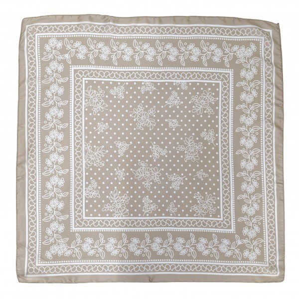 Bandana Print Square Scarf in silky 100% polyester, sized at a generous 35.4 inches square. A classic bandana layout with tiny dots, floral vines, and a decorative border gives it a relaxed, easygoing feel. Wear it knotted at the neck, tied around the waist, draped over the shoulders, or styled in the hair. An easy layering piece for fall outfits that customers can wear a dozen different ways.