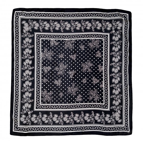 Bandana Print Square Scarf in silky 100% polyester, sized at a generous 35.4 inches square. A classic bandana layout with tiny dots, floral vines, and a decorative border gives it a relaxed, easygoing feel. Wear it knotted at the neck, tied around the waist, draped over the shoulders, or styled in the hair. An easy layering piece for fall outfits that customers can wear a dozen different ways.