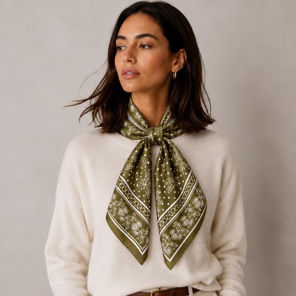 Bandana Print Square Scarf in silky 100% polyester, sized at a generous 35.4 inches square. A classic bandana layout with tiny dots, floral vines, and a decorative border gives it a relaxed, easygoing feel. Wear it knotted at the neck, tied around the waist, draped over the shoulders, or styled in the hair. An easy layering piece for fall outfits that customers can wear a dozen different ways.