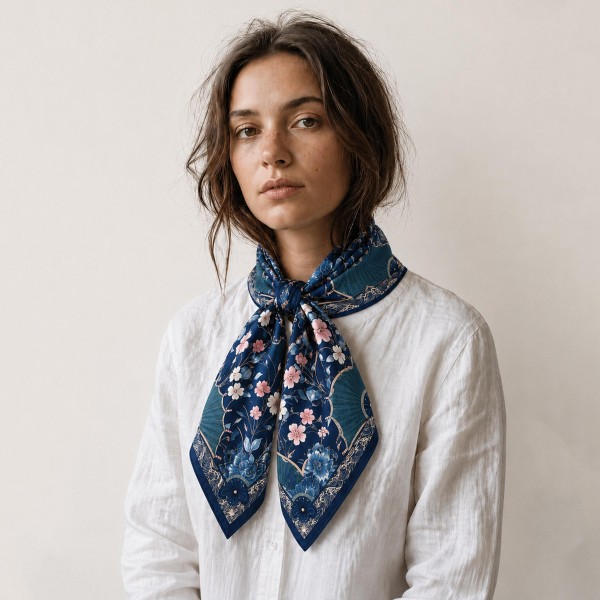 Mahjong Print Square Scarf in silky 100% polyester, measuring 27.5 inches square. Delicate blossoms and folding fan motifs inspired by classic mahjong tile art are framed by an ornate border. Tie it at the neck, wear it in the hair, or knot it onto a bag strap for a polished finish. A fun pick for mahjong players, game night hosts, and gift givers, and an easy impulse buy at the counter.