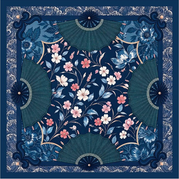 Mahjong Print Square Scarf in silky 100% polyester, measuring 27.5 inches square. Delicate blossoms and folding fan motifs inspired by classic mahjong tile art are framed by an ornate border. Tie it at the neck, wear it in the hair, or knot it onto a bag strap for a polished finish. A fun pick for mahjong players, game night hosts, and gift givers, and an easy impulse buy at the counter.