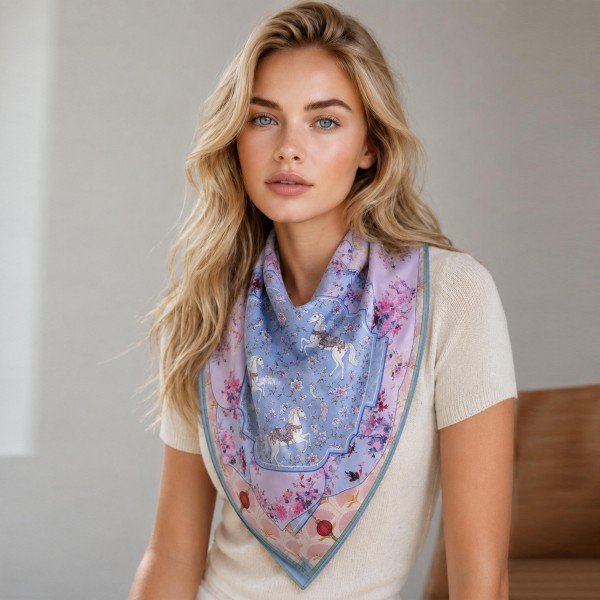 Mahjong Print Square Scarf in silky 100% polyester, measuring 27.5 inches square. Prancing horses, cherry blossoms, and tiny lanterns sit inside a scalloped frame for a soft, storybook look. Knot it at the neck, tie it as a headscarf, or loop it around a handbag handle for an easy finishing touch. A charming gift for mahjong lovers and a sweet impulse buy that brightens any accessory wall.