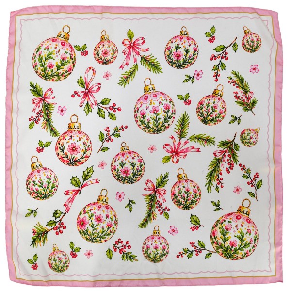 Holiday Ornament Square Scarf in silky 100% polyester, measuring 27.5 inches square. Vintage style ornaments, bows, and pine sprigs are scattered across the print and finished with a soft contrast border. Knot it at the collar, tie it in the hair, or loop it onto a bag for a sweet holiday touch. Perfect for Christmas parties, gift exchanges, and stocking stuffers, this is an easy seasonal add on.