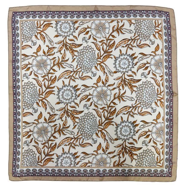 Botanical Print Square Scarf in silky 100% polyester, measuring 27.5 inches square. A detailed print of blooms, vines, and leaves is framed by a patterned border for a classic, collected look. Wear it at the neck with a crisp button down, tie it around a ponytail, or knot it onto a handbag. Offered in several colorways, it is a versatile everyday accessory that customers can style a dozen ways.