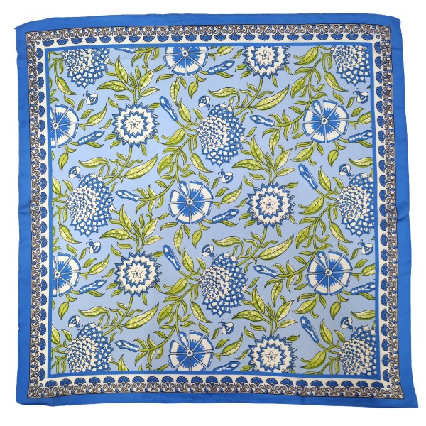 Botanical Print Square Scarf in silky 100% polyester, measuring 27.5 inches square. A detailed print of blooms, vines, and leaves is framed by a patterned border for a classic, collected look. Wear it at the neck with a crisp button down, tie it around a ponytail, or knot it onto a handbag. Offered in several colorways, it is a versatile everyday accessory that customers can style a dozen ways.