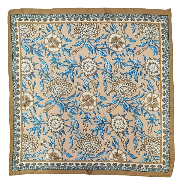Botanical Print Square Scarf in silky 100% polyester, measuring 27.5 inches square. A detailed print of blooms, vines, and leaves is framed by a patterned border for a classic, collected look. Wear it at the neck with a crisp button down, tie it around a ponytail, or knot it onto a handbag. Offered in several colorways, it is a versatile everyday accessory that customers can style a dozen ways.
