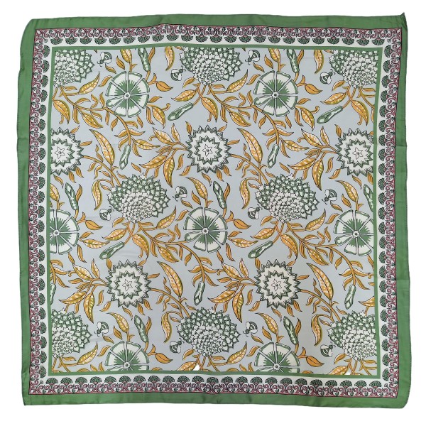 Botanical Print Square Scarf in silky 100% polyester, measuring 27.5 inches square. A detailed print of blooms, vines, and leaves is framed by a patterned border for a classic, collected look. Wear it at the neck with a crisp button down, tie it around a ponytail, or knot it onto a handbag. Offered in several colorways, it is a versatile everyday accessory that customers can style a dozen ways.
