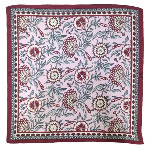 Botanical Print Square Scarf in silky 100% polyester, measuring 27.5 inches square. A detailed print of blooms, vines, and leaves is framed by a patterned border for a classic, collected look. Wear it at the neck with a crisp button down, tie it around a ponytail, or knot it onto a handbag. Offered in several colorways, it is a versatile everyday accessory that customers can style a dozen ways.