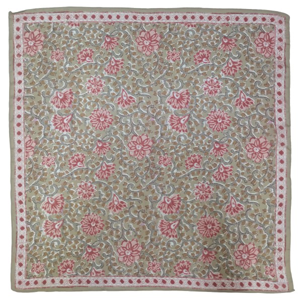 Floral Print Square Scarf in silky 100% polyester, measuring 27.5 inches square. Block print inspired blooms and trailing leaves fill the center, finished with a dotted floral border. Tie it at the neck, wear it as a hair scarf, or knot it around a bag strap for an instant update. A pretty, easy to style piece that works with sweaters, blazers, and tees, and makes a simple gift at an easy price.