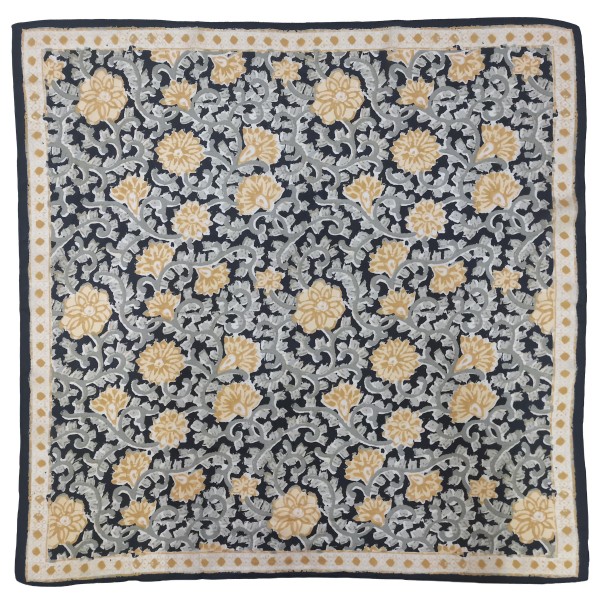 Floral Print Square Scarf in silky 100% polyester, measuring 27.5 inches square. Block print inspired blooms and trailing leaves fill the center, finished with a dotted floral border. Tie it at the neck, wear it as a hair scarf, or knot it around a bag strap for an instant update. A pretty, easy to style piece that works with sweaters, blazers, and tees, and makes a simple gift at an easy price.