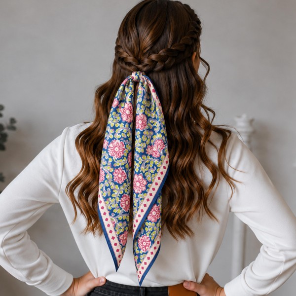 Floral Print Square Scarf in silky 100% polyester, measuring 27.5 inches square. Block print inspired blooms and trailing leaves fill the center, finished with a dotted floral border. Tie it at the neck, wear it as a hair scarf, or knot it around a bag strap for an instant update. A pretty, easy to style piece that works with sweaters, blazers, and tees, and makes a simple gift at an easy price.