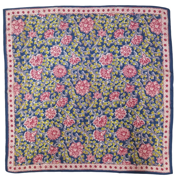 Floral Print Square Scarf in silky 100% polyester, measuring 27.5 inches square. Block print inspired blooms and trailing leaves fill the center, finished with a dotted floral border. Tie it at the neck, wear it as a hair scarf, or knot it around a bag strap for an instant update. A pretty, easy to style piece that works with sweaters, blazers, and tees, and makes a simple gift at an easy price.