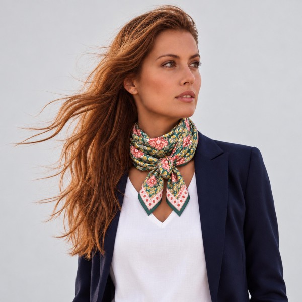 Floral Print Square Scarf in silky 100% polyester, measuring 27.5 inches square. Block print inspired blooms and trailing leaves fill the center, finished with a dotted floral border. Tie it at the neck, wear it as a hair scarf, or knot it around a bag strap for an instant update. A pretty, easy to style piece that works with sweaters, blazers, and tees, and makes a simple gift at an easy price.