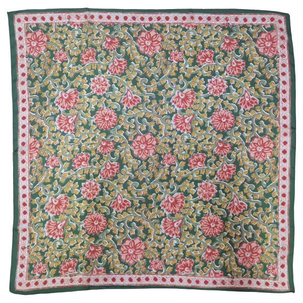 Floral Print Square Scarf in silky 100% polyester, measuring 27.5 inches square. Block print inspired blooms and trailing leaves fill the center, finished with a dotted floral border. Tie it at the neck, wear it as a hair scarf, or knot it around a bag strap for an instant update. A pretty, easy to style piece that works with sweaters, blazers, and tees, and makes a simple gift at an easy price.