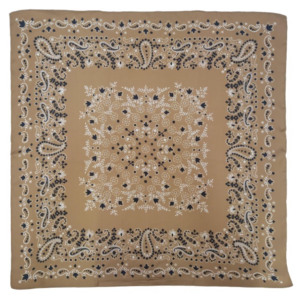 Paisley Bandana Print Square Scarf in silky 100% polyester, measuring 27.5 inches square. A classic bandana layout pairs a detailed paisley border with a medallion center. Knot it at the neck, wear it as a headscarf, or tie it onto a bag handle for an easy, laid back touch. A timeless print that layers well over sweaters and jackets, it is a dependable seller in every season.