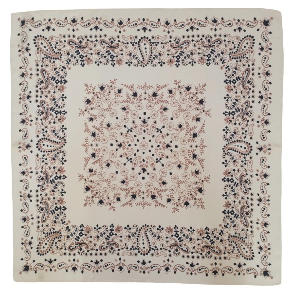 Paisley Bandana Print Square Scarf in silky 100% polyester, measuring 27.5 inches square. A classic bandana layout pairs a detailed paisley border with a medallion center. Knot it at the neck, wear it as a headscarf, or tie it onto a bag handle for an easy, laid back touch. A timeless print that layers well over sweaters and jackets, it is a dependable seller in every season.