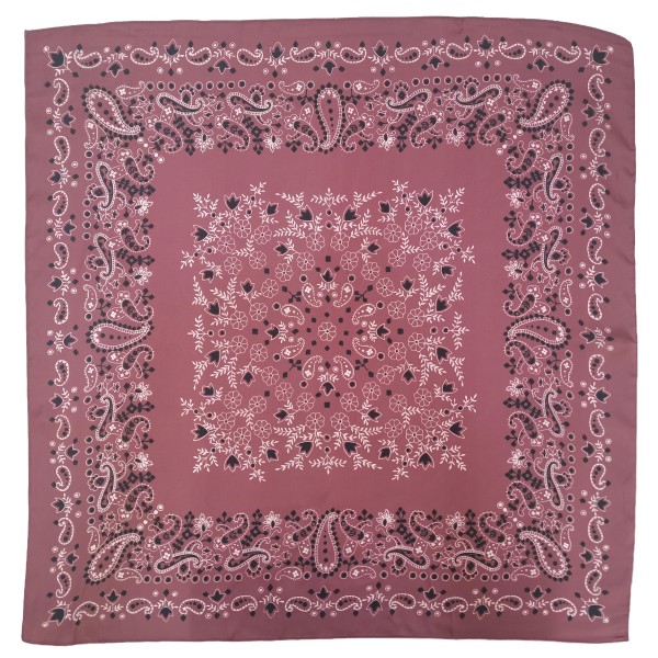 Paisley Bandana Print Square Scarf in silky 100% polyester, measuring 27.5 inches square. A classic bandana layout pairs a detailed paisley border with a medallion center. Knot it at the neck, wear it as a headscarf, or tie it onto a bag handle for an easy, laid back touch. A timeless print that layers well over sweaters and jackets, it is a dependable seller in every season.