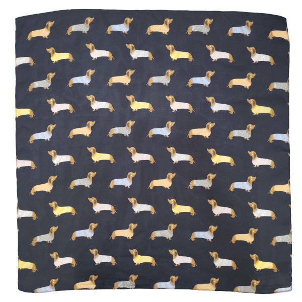 Dachshund Print Square Scarf with a silky, lightweight feel and rows of playful wiener dogs in cozy sweaters. Tie it at the neck, wear it in the hair, or knot it around a bag strap for a fun pop of personality. A sweet gift for dog moms, dachshund lovers, and anyone who adores their pup. Novelty prints like this one turn fast as impulse buys and easy gifts.