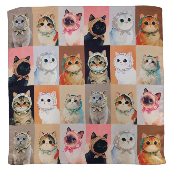 Cat Portrait Print Square Scarf with a patchwork of sweet kitties wearing tiny headscarves and bonnets. The silky, lightweight feel ties easily at the neck, in the hair, or around a handbag handle. A charming gift for cat lovers, cat moms, and anyone who loves a whimsical print. Fun novelty scarves like this one make easy impulse buys and gifts at the counter.