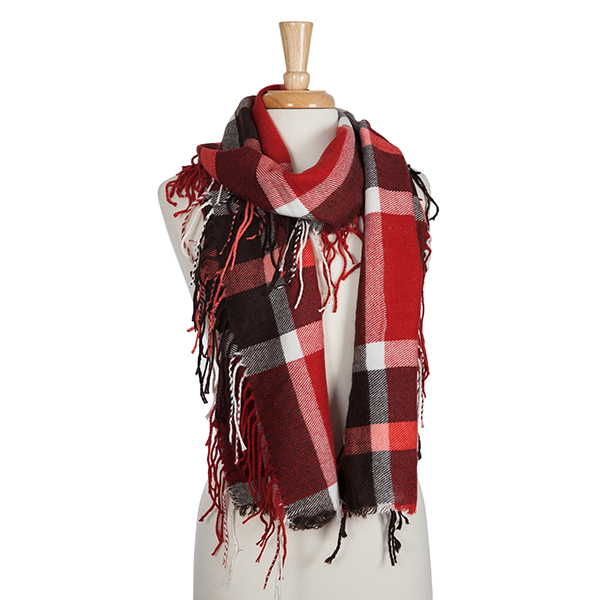 Brown, white, and red plaid scarf with fringe. 100% acrylic. 