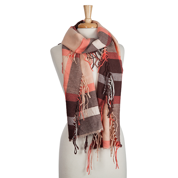 Brown, peach, and coral plaid infinity scarf with fringe. 100% acrylic. 