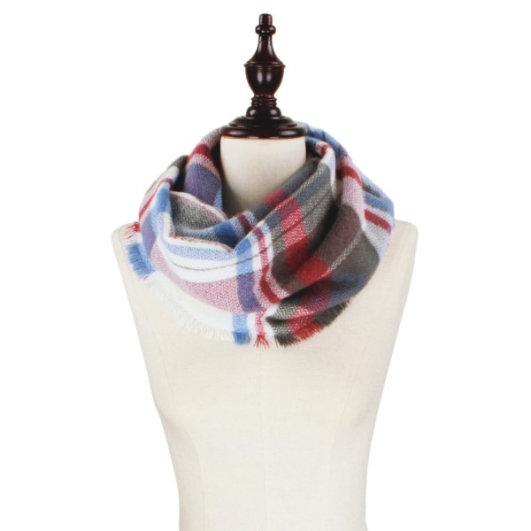 White, light blue, gray and burgundy plaid infinity scarf. 100% acrylic. 