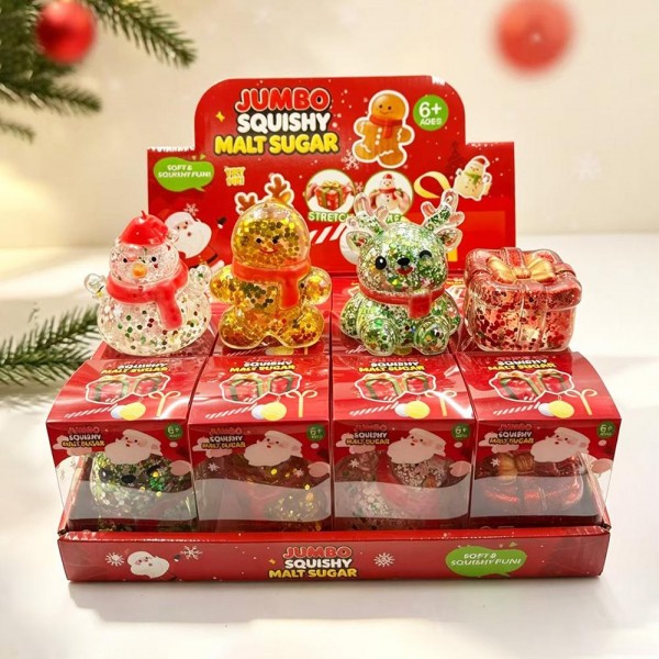 Jumbo Glitter Maltose Christmas Squishy Display

Jumbo Glitter Maltose Christmas Squishies in a ready to sell countertop display, featuring a snowman, gingerbread man, reindeer, and wrapped present. Each clear figure is filled with thick, sticky maltose loaded with glitter and sequins, so it squeezes slow and dense, stretches like taffy, and gradually melts back into shape. The sparkle catches the light from across the store, and every piece is individually boxed for easy gifting. Big, shiny, and festive, these are a top holiday impulse buy.

- Countertop display of individually boxed squishies
- Ages 6+
