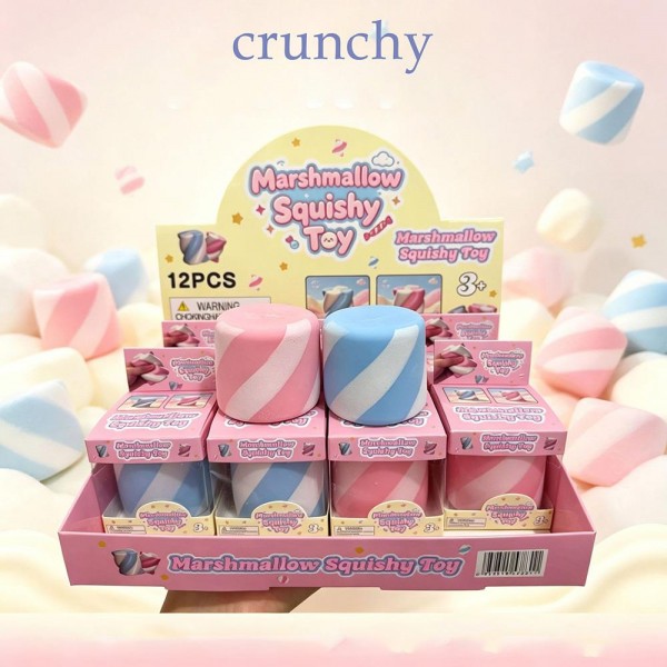 Crunchy Marshmallow Squishy Toy Display

Crunchy Marshmallow Squishy Toys shaped like twisted marshmallow puffs, packed 12 to a ready to sell countertop display. Each one has a soft, pillowy squeeze with hidden crunchy bits inside, so every press gives a satisfying crackle you can hear and feel. The candy swirl design looks good enough to eat, and the display box makes merchandising at the register effortless. Crunchy squishies are trending with kids and ASMR fans, so expect these to move quickly.

- 12 pieces per display
- Ages 3+