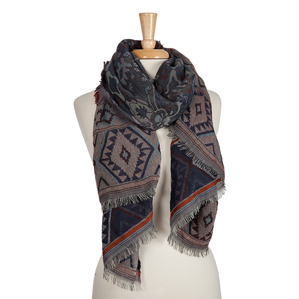 Navy blue, orange and white Aztec printed open scarf. 100% acrylic. 