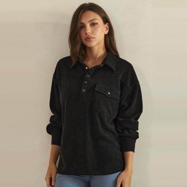 Corduroy Pullover Shirt with a classic point collar, half button placket, and flap chest pocket. The soft wale corduroy has a relaxed oversized fit with dropped shoulders and buttoned cuffs for an effortless, lived in look. Customers can wear it on its own with jeans or leggings, or layer it over a turtleneck for crisp fall days. A cozy statement top with a vintage inspired feel, this style is a natural fit for autumn displays and sells quickly.