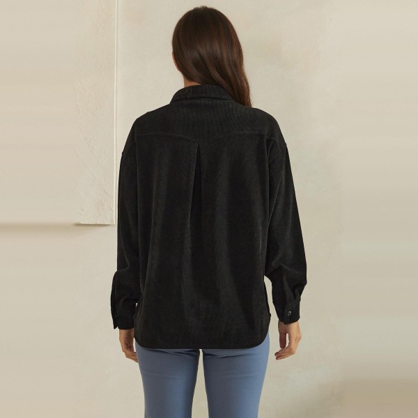 Corduroy Pullover Shirt with a classic point collar, half button placket, and flap chest pocket. The soft wale corduroy has a relaxed oversized fit with dropped shoulders and buttoned cuffs for an effortless, lived in look. Customers can wear it on its own with jeans or leggings, or layer it over a turtleneck for crisp fall days. A cozy statement top with a vintage inspired feel, this style is a natural fit for autumn displays and sells quickly.